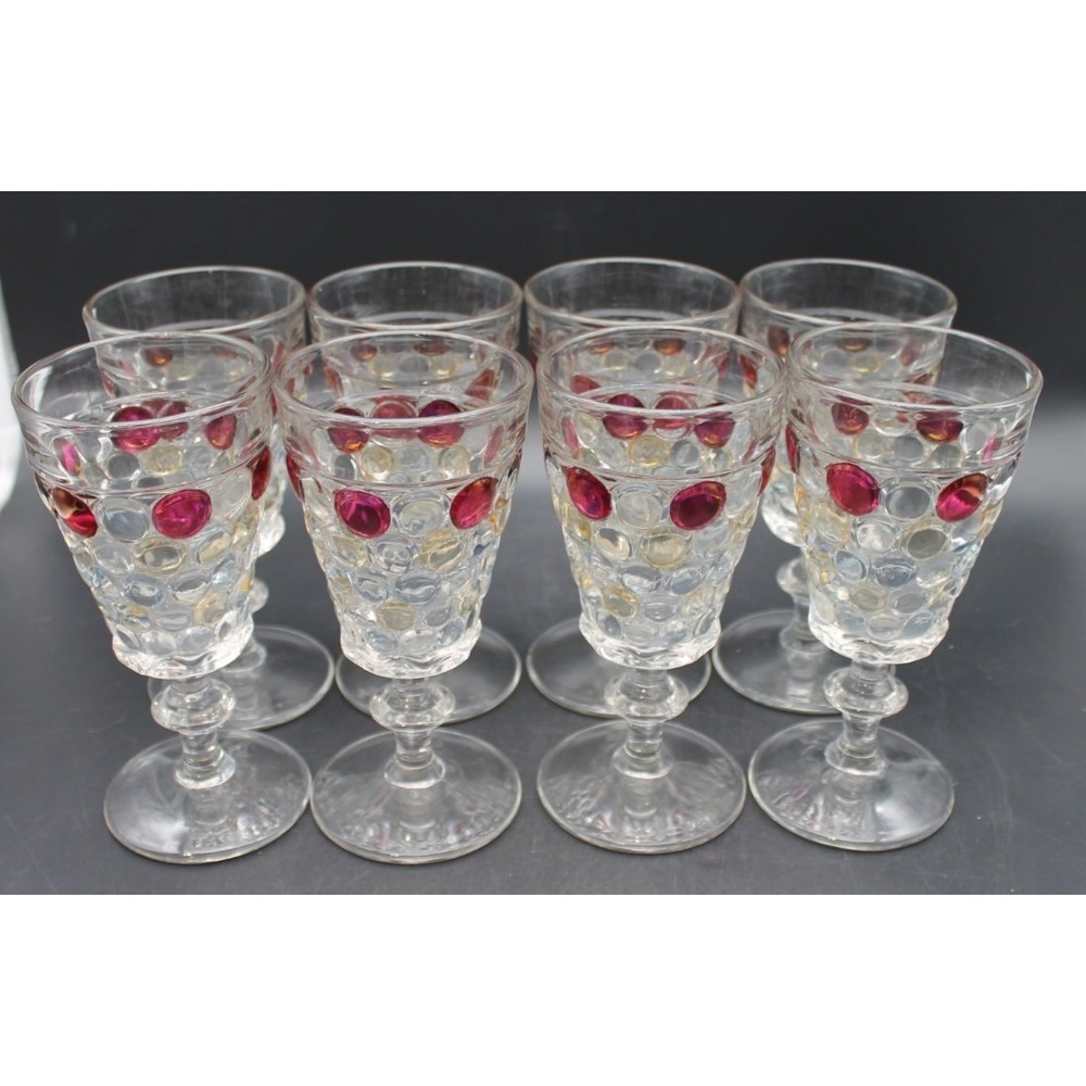 Vintage Thousand Eye Bubble Glass Cordial Wine Glasses Set 8 Ruby Amber Stemware